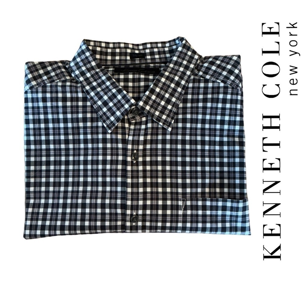 Kenneth Cole New York Black/White/Lavender Checkered‎ 2-ply Yarn Shirt - Size XL
